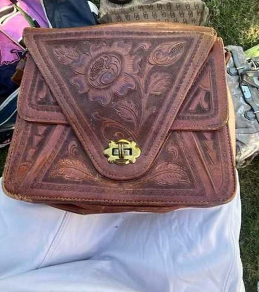 Vintage Hand Tooled Leather Shoulder Bag Brown Floral Aztec Calendar